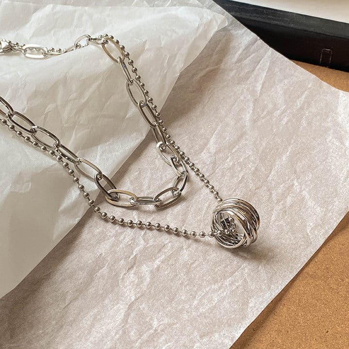 シルバー ネックレス 二連巻きワイヤーボールペンダント