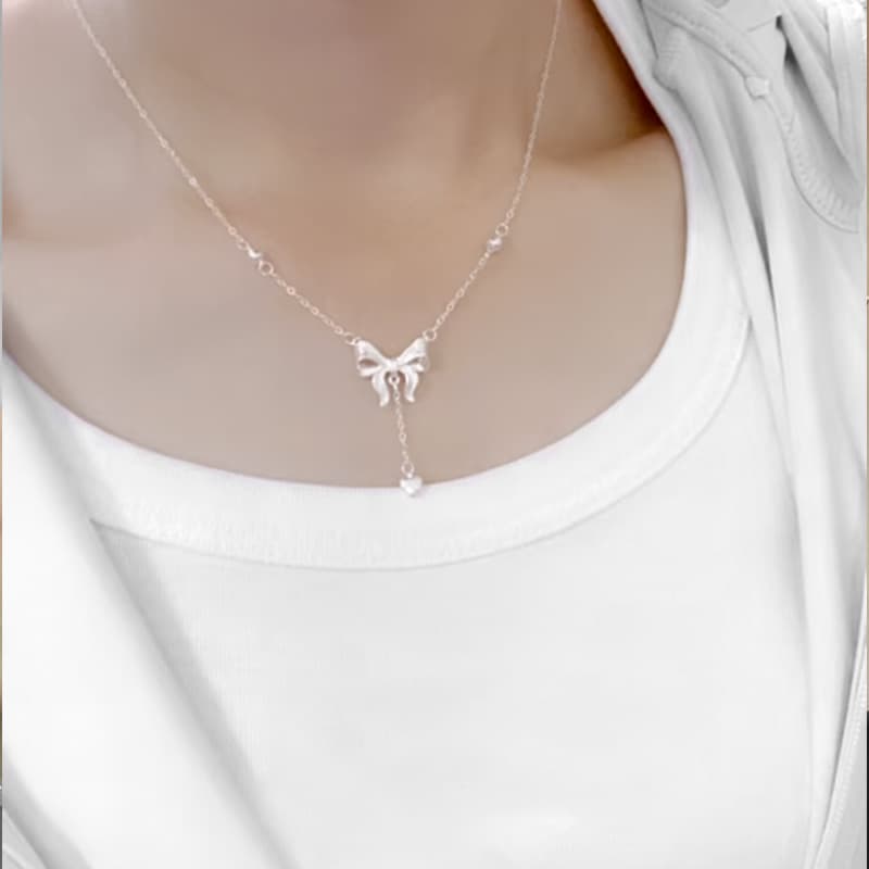 シルバー ネックレス リボン モチーフ 一粒 ドロップ ネックレス